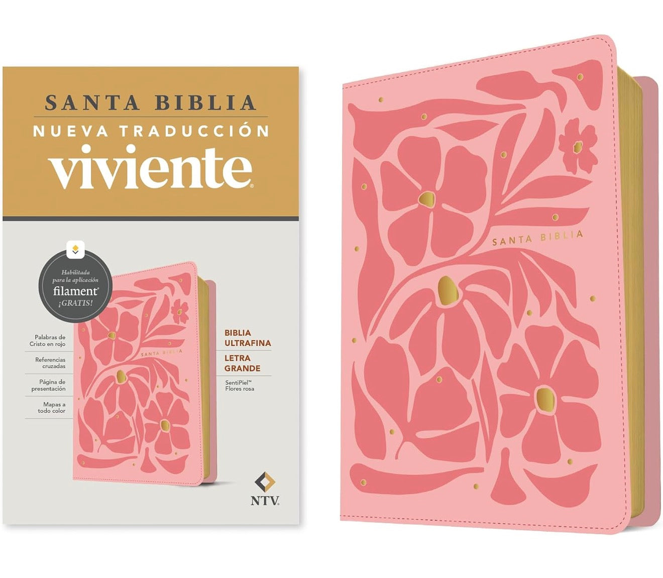 Biblia ultrafina NTV, letra grande con Filament (SentiPiel, Flores rosa, Letra Roja) (Spanish Edition)