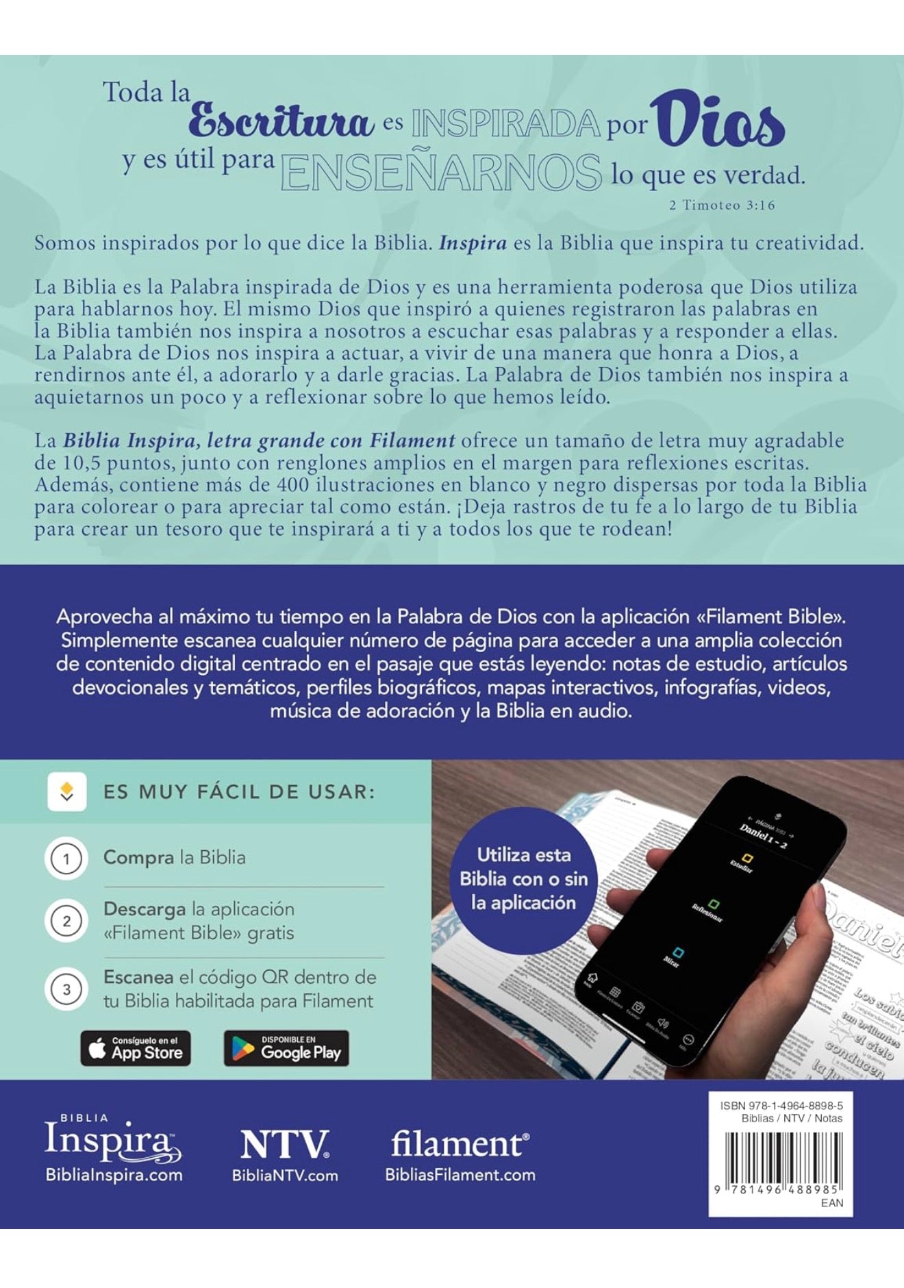 Biblia Inspira NTV, letra grande con Filament (SentiPiel, Ramo azul) (Spanish Edition)